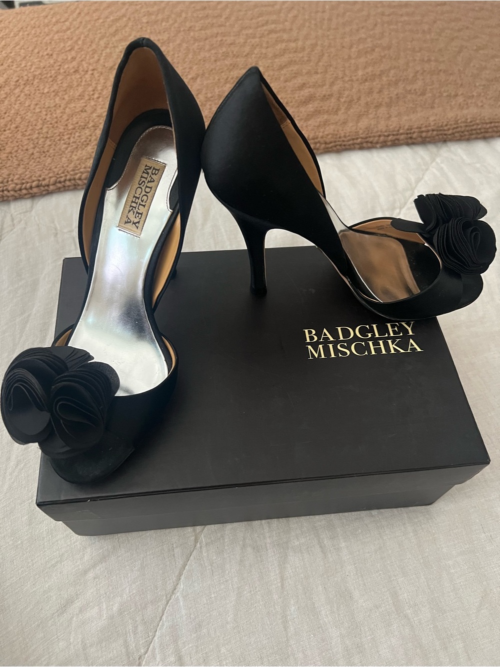 Badgley Mischka Black Satin Peep-Toe Heels with Rosette.